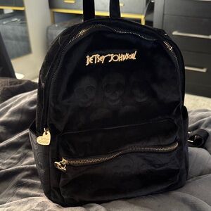 Betsey Johnson Black Velvet Skull Mini Backpack